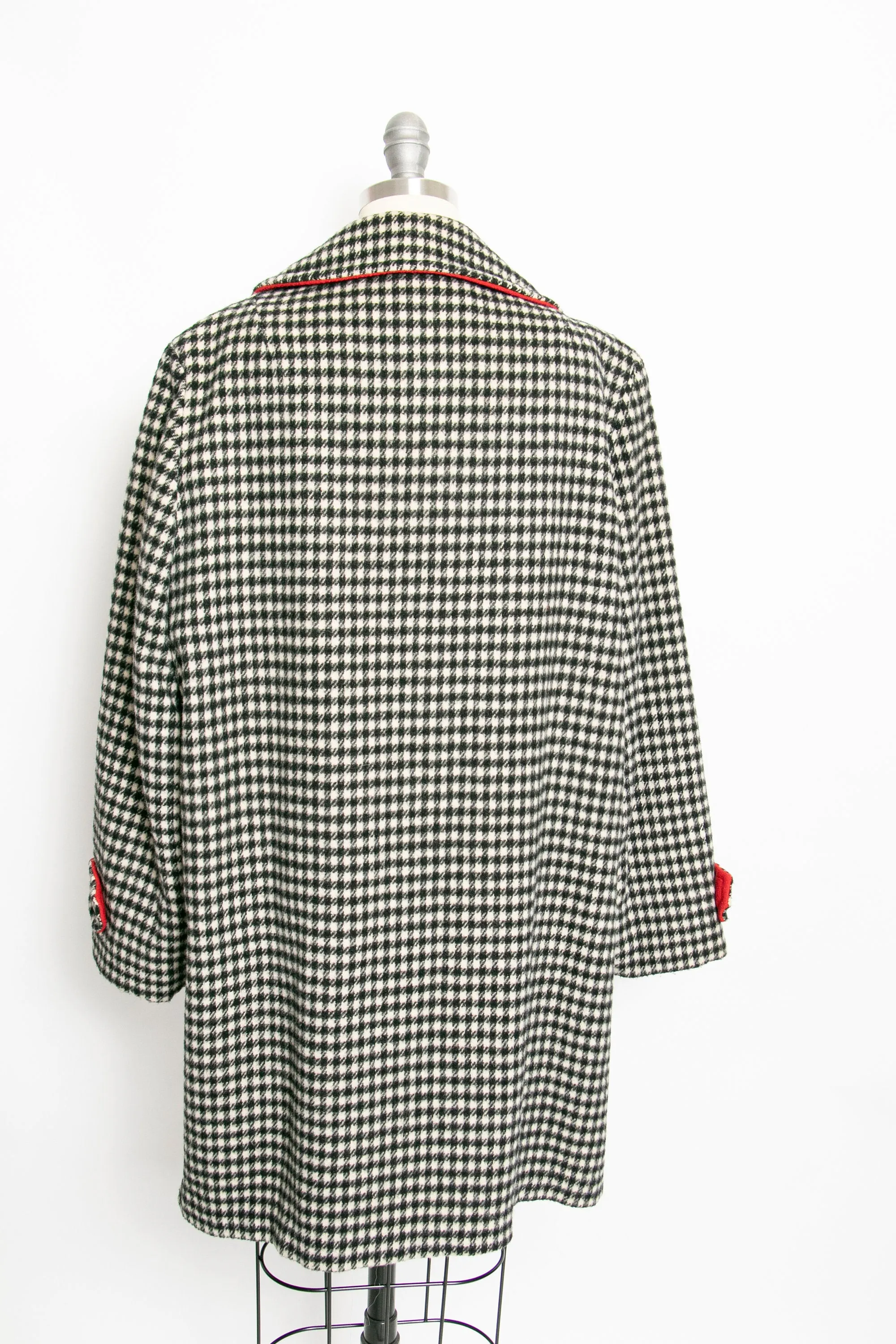 1960s Coat Black White Houndstooth Plaid Wool Large