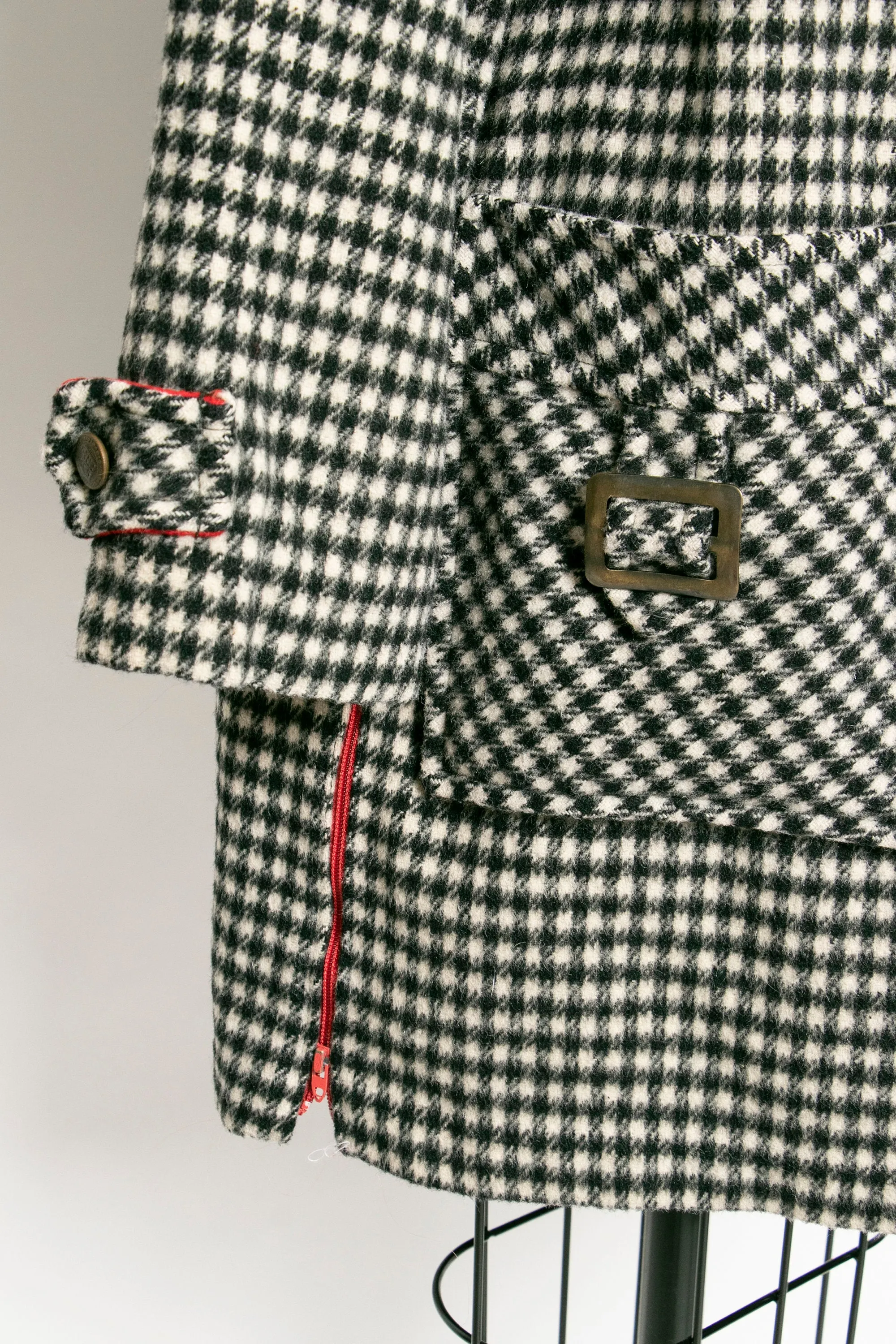 1960s Coat Black White Houndstooth Plaid Wool Large