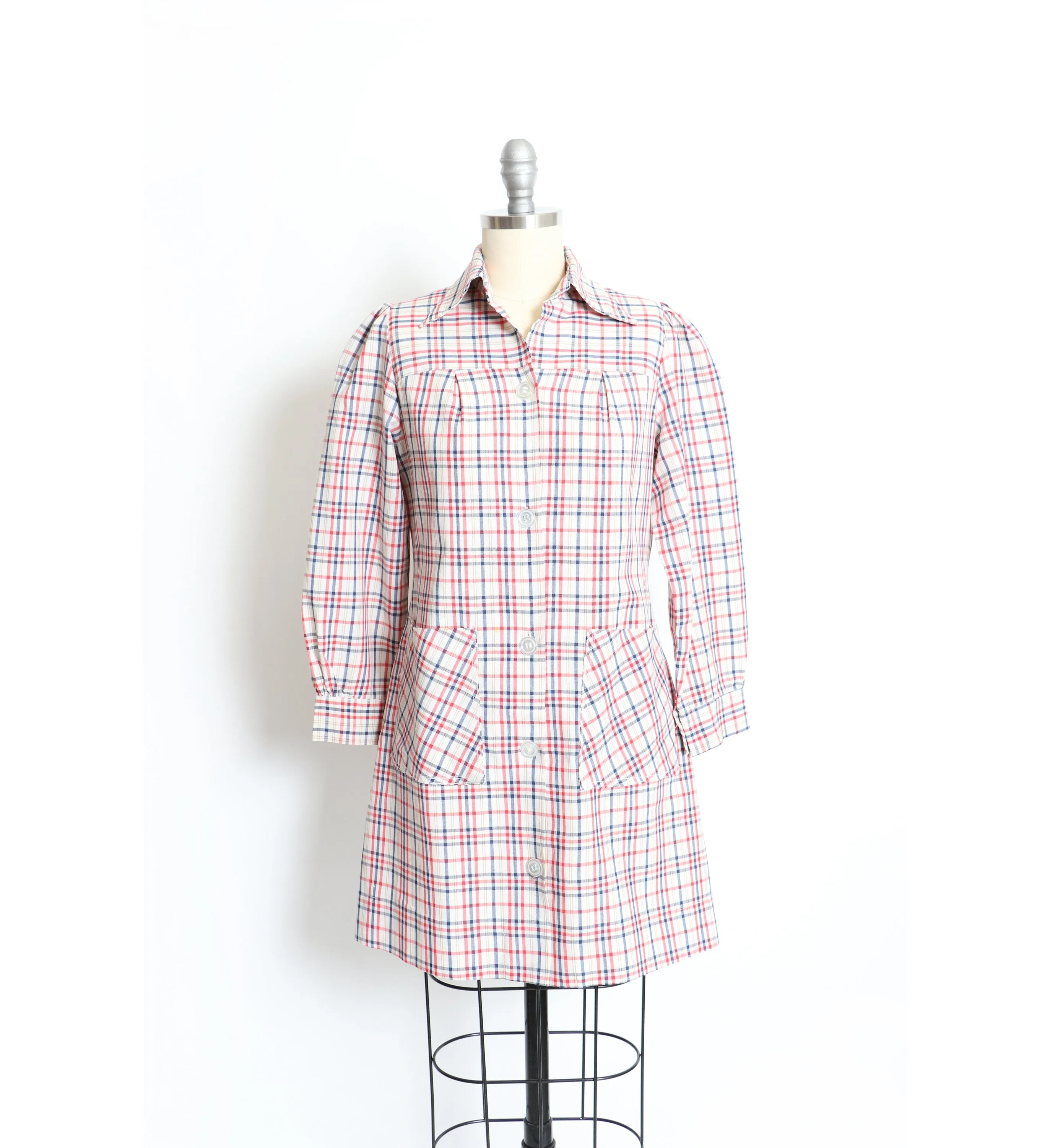 1970s Dress Plaid Cotton Shirtfront XS