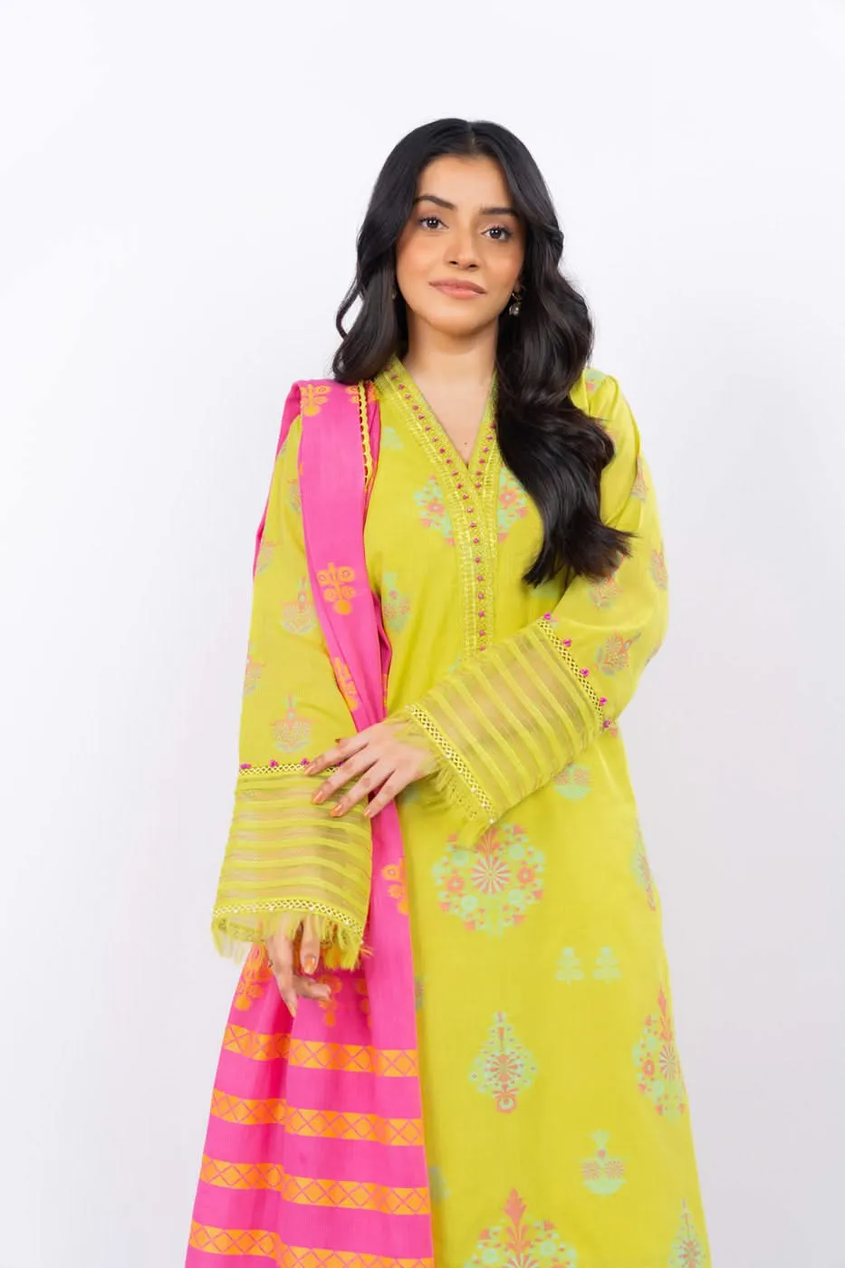 3 Pc Dyed Jacquard Suit With Dyed Jacquard Dupatta