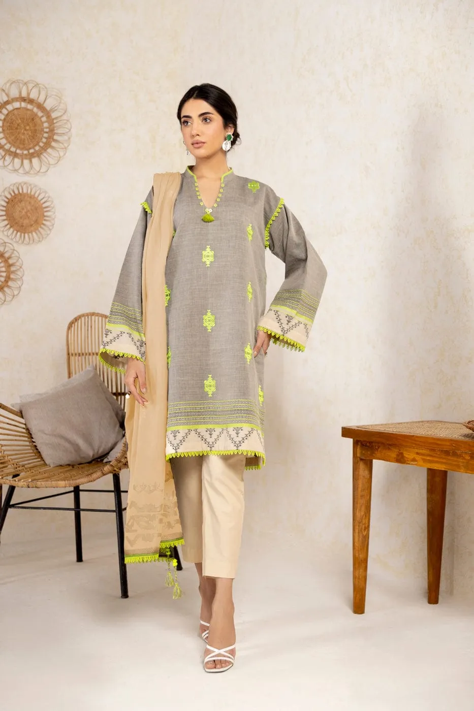 3 Pc Embroidered Jacquard Suit With Jacquard Dupatta