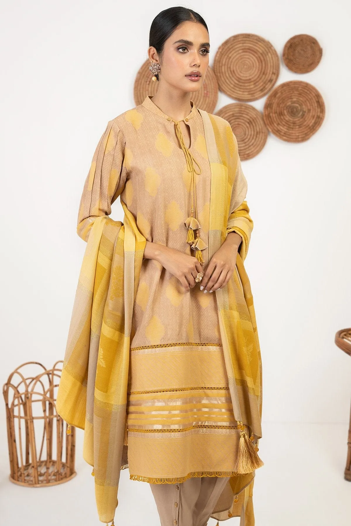 3 Pc Embroidered Viscose Jacquard Suit With Shawl