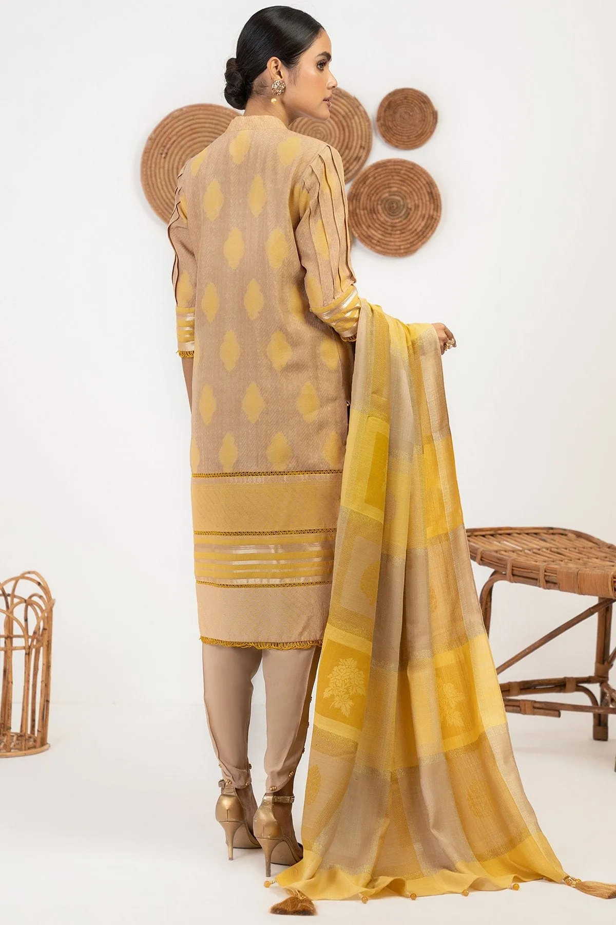 3 Pc Embroidered Viscose Jacquard Suit With Shawl