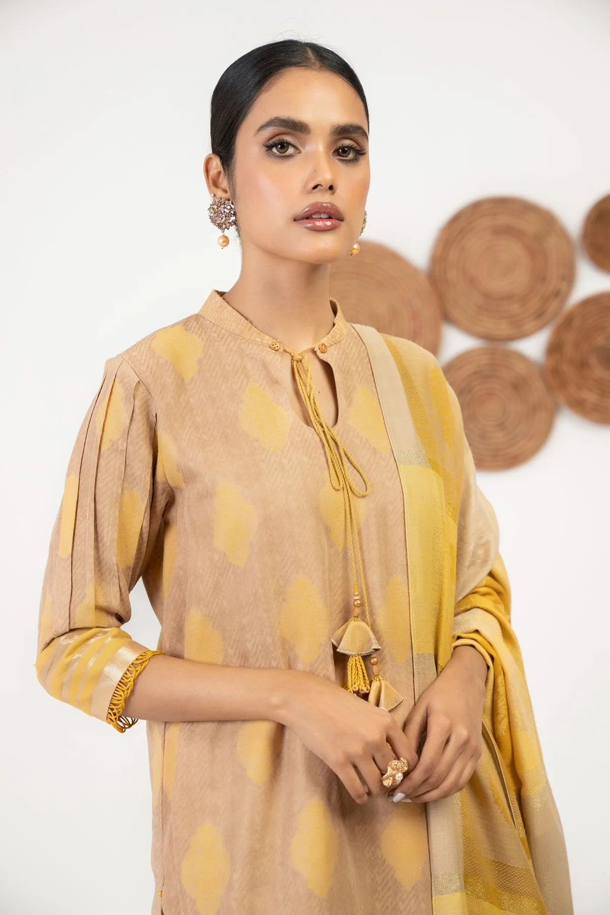 3 Pc Embroidered Viscose Jacquard Suit With Shawl