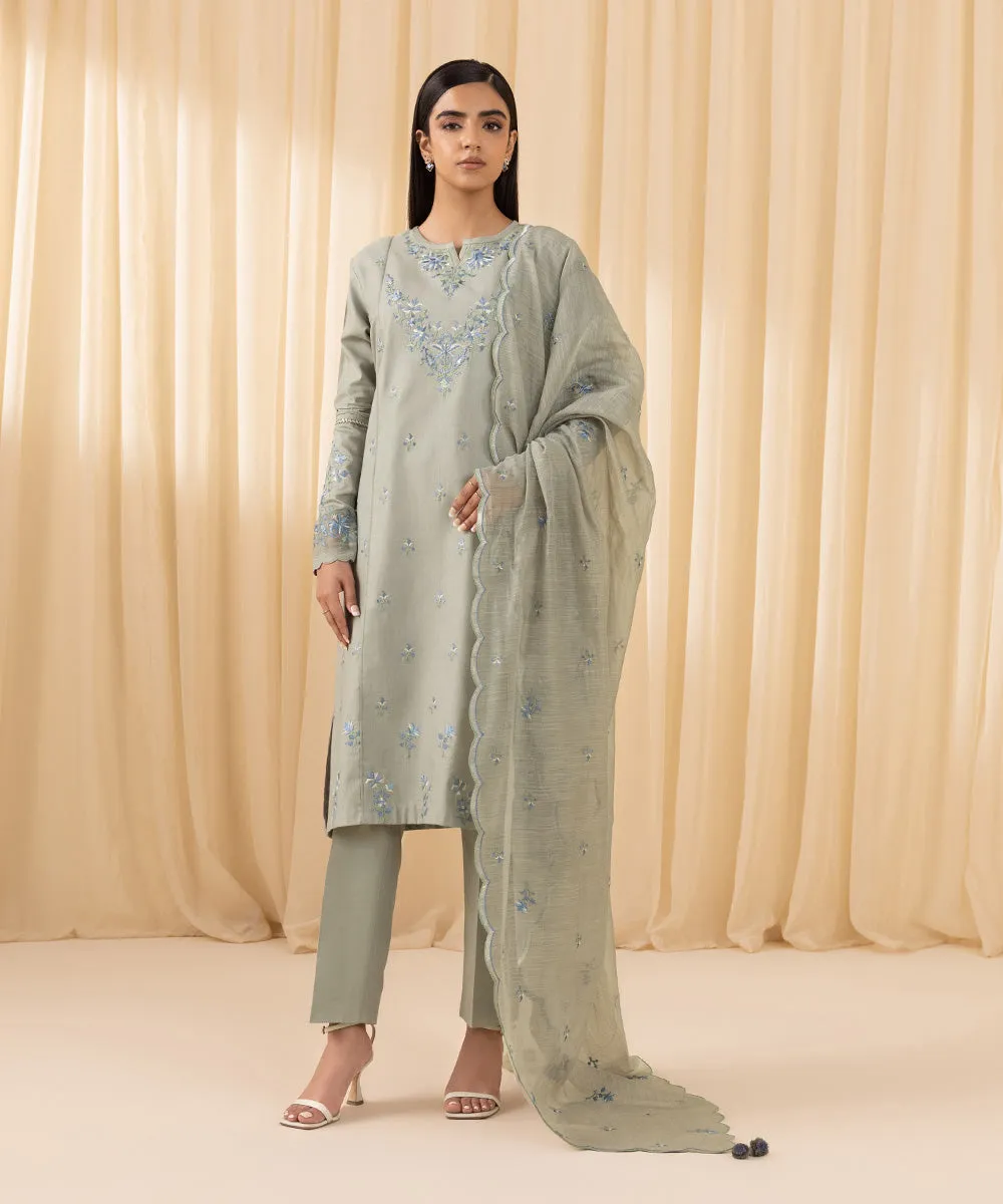 3 Piece -  Embroidered Cotton Satin Suit