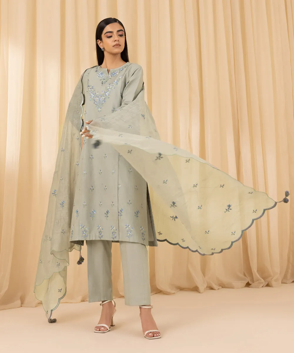 3 Piece -  Embroidered Cotton Satin Suit