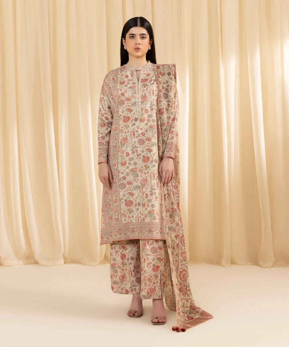 3 Piece -  Printed Silk Suit