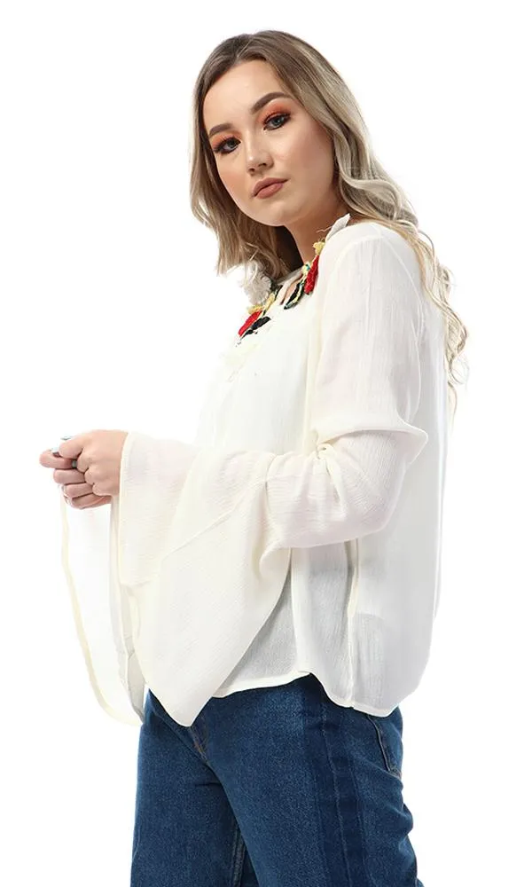 47526 Stitched Flowers Bell Sleeves Off White Blouse