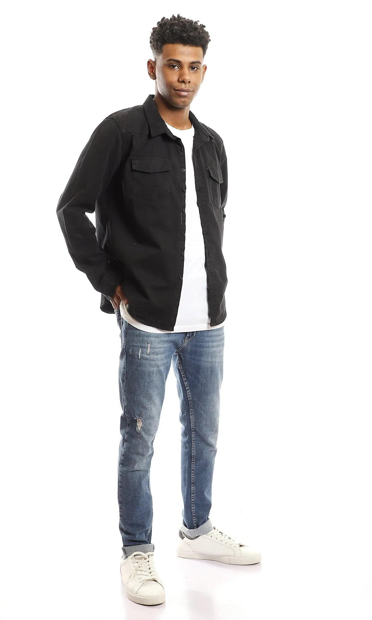 56345 Front Patched Pockets Black Long Sleeves Shirt