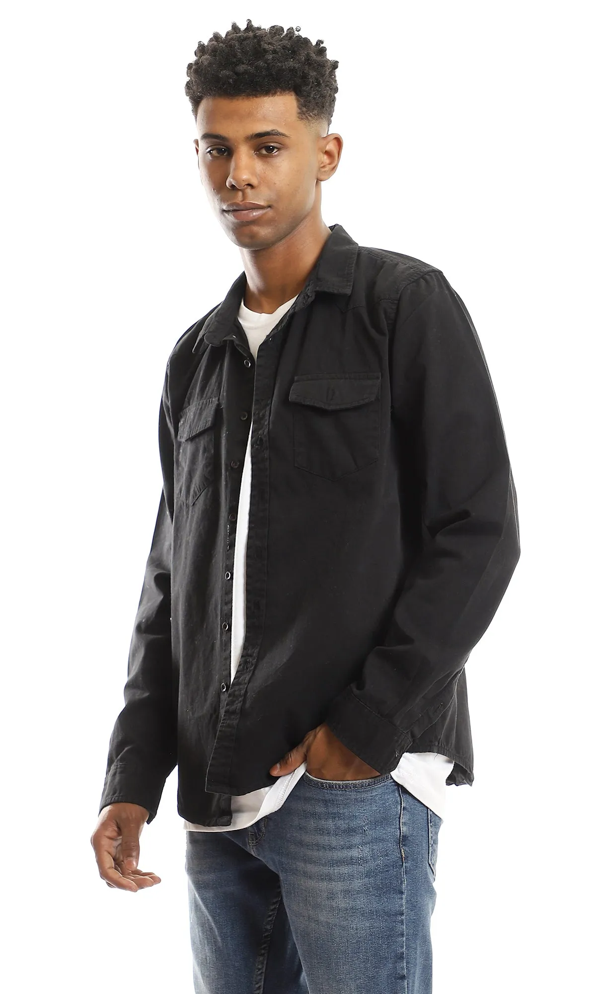 56345 Front Patched Pockets Black Long Sleeves Shirt