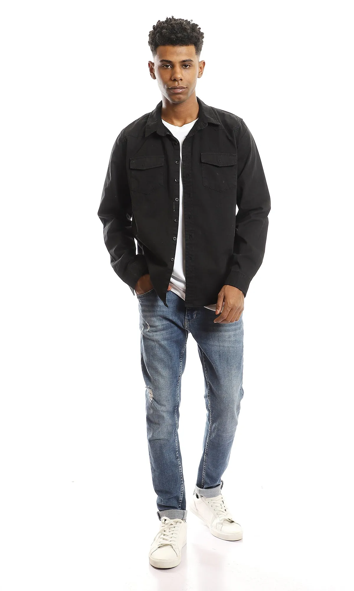 56345 Front Patched Pockets Black Long Sleeves Shirt