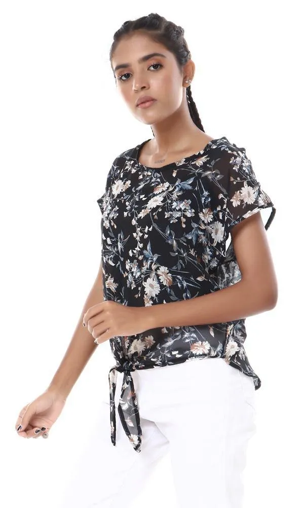 57081 Floral Sheer Chiffon Black Blouse With Tie