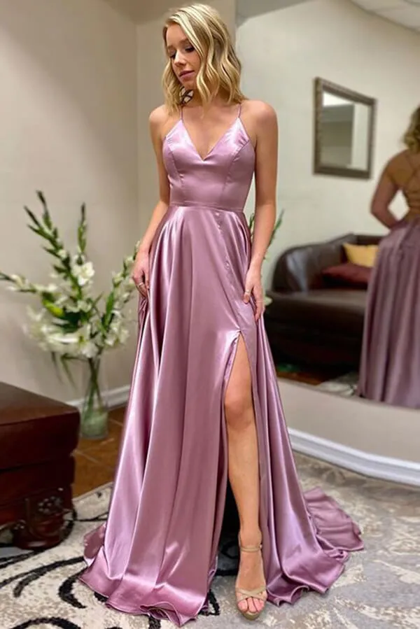 A-line V-neck Spaghetti Straps Prom Dresses, Evening Dresses With Slit, SP682