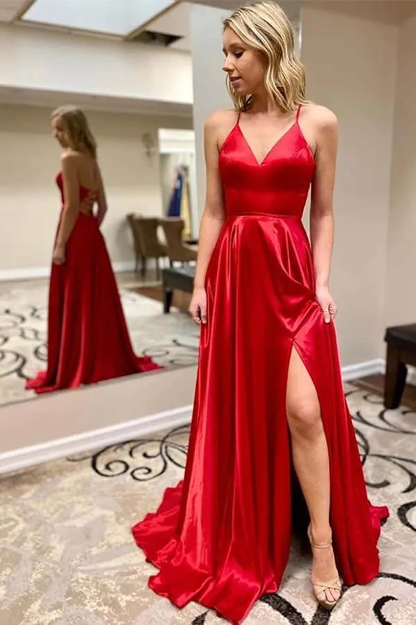 A-line V-neck Spaghetti Straps Prom Dresses, Evening Dresses With Slit, SP682