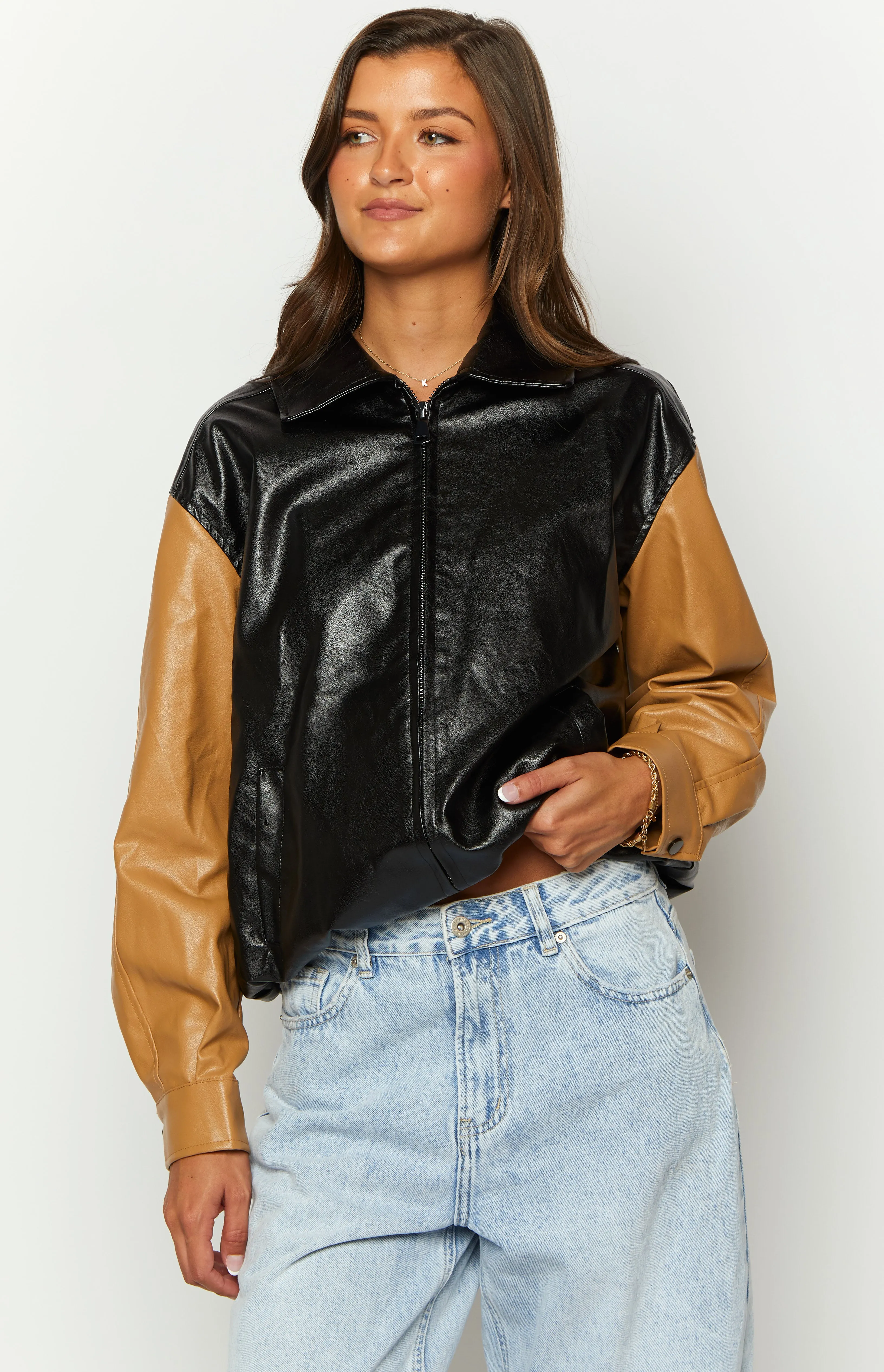 Abbi PU Black And Brown Contrast Bomber Jacket