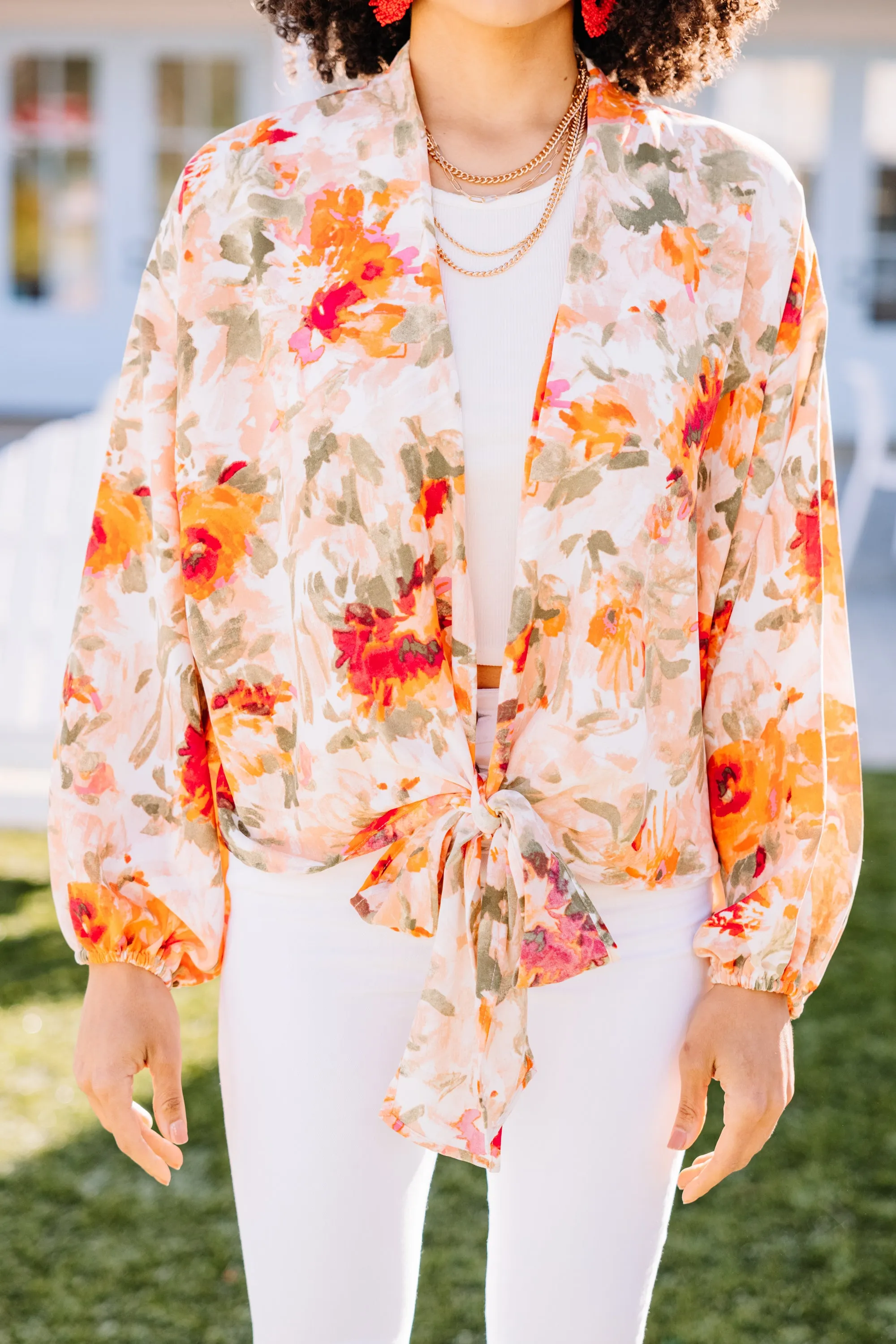 According To Me Peach Orange Floral Kimono