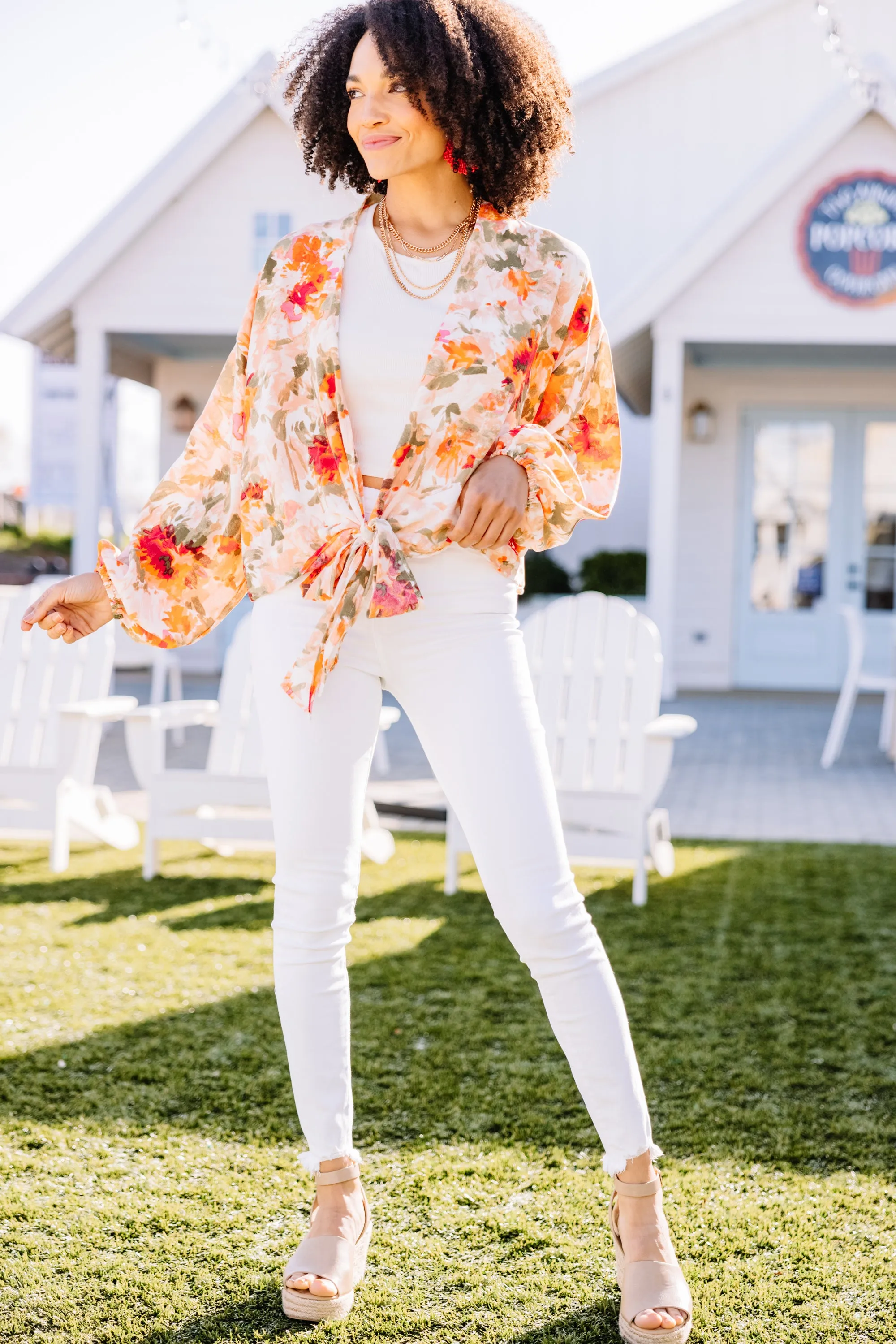 According To Me Peach Orange Floral Kimono