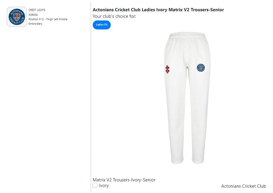 Actonians Cricket Club Ladies Ivory Matrix V2 Trousers-Senior