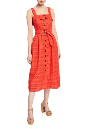 Albi Eyelet Sleeveless Belted Cotton Dress