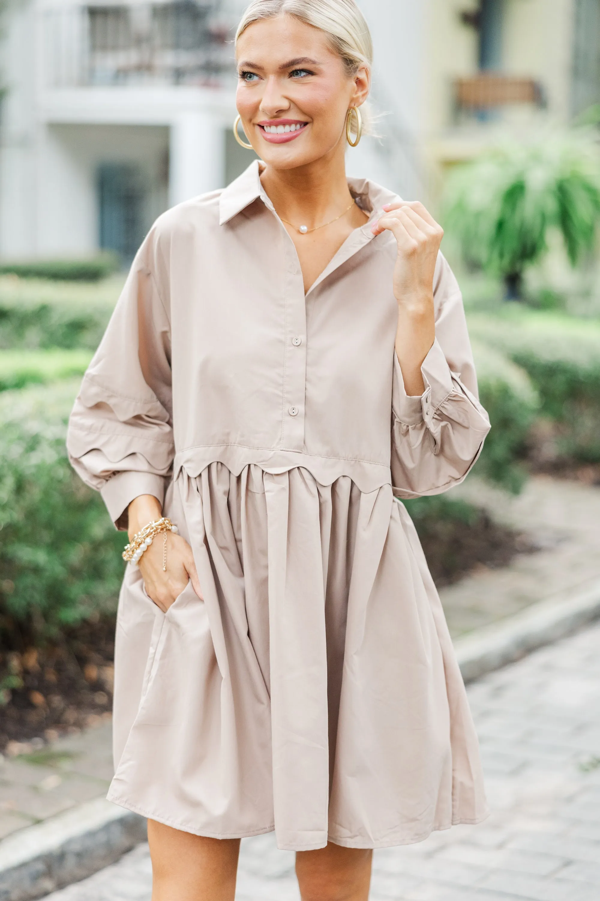 All The Best Taupe Brown Scalloped Dress