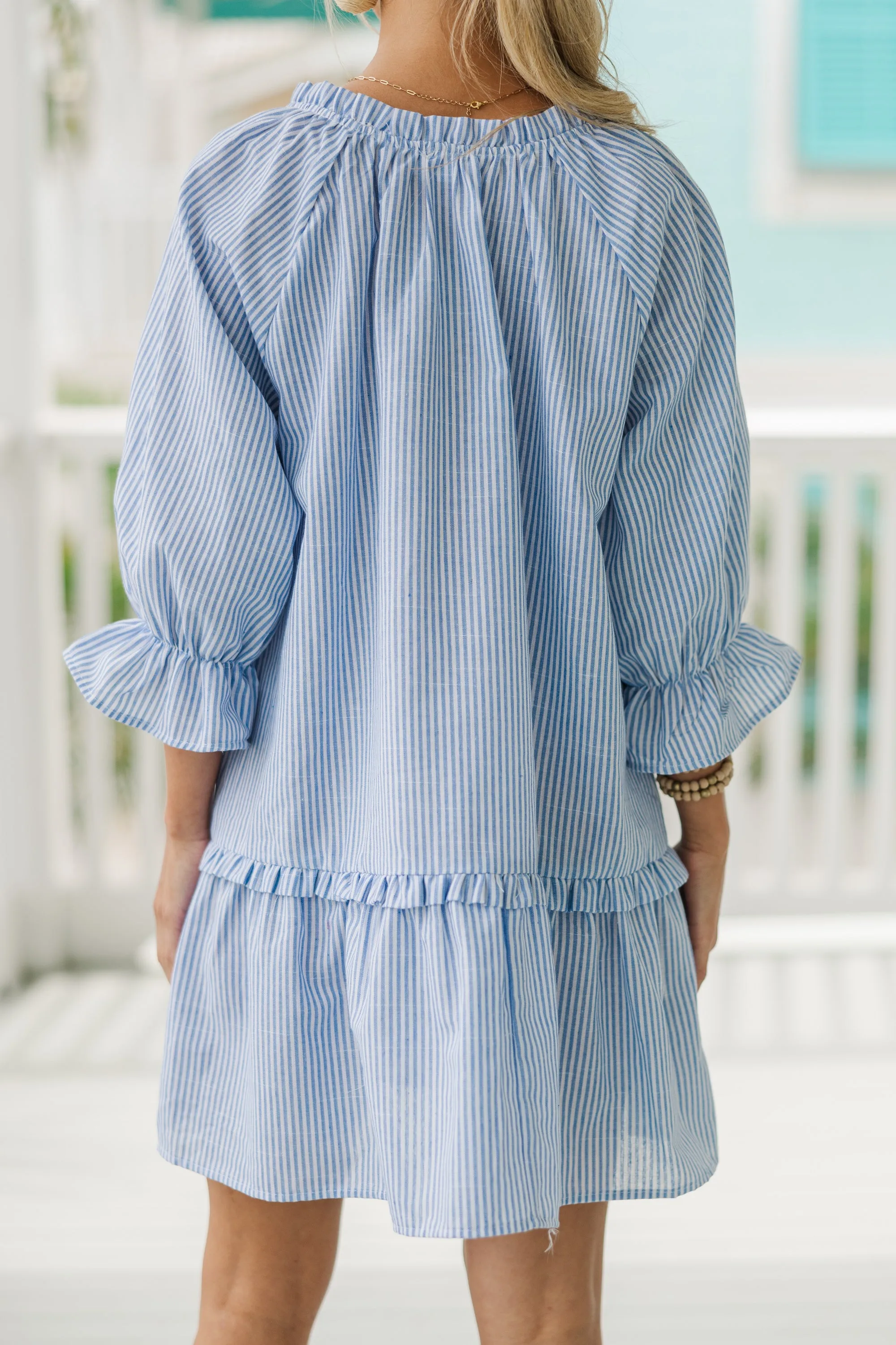 Always in the Lead Blue Striped Linen Dress