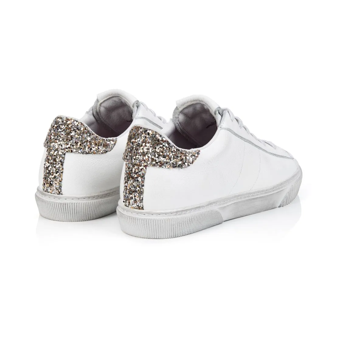 Amie: Vintage White & Silver Glitter Trainers