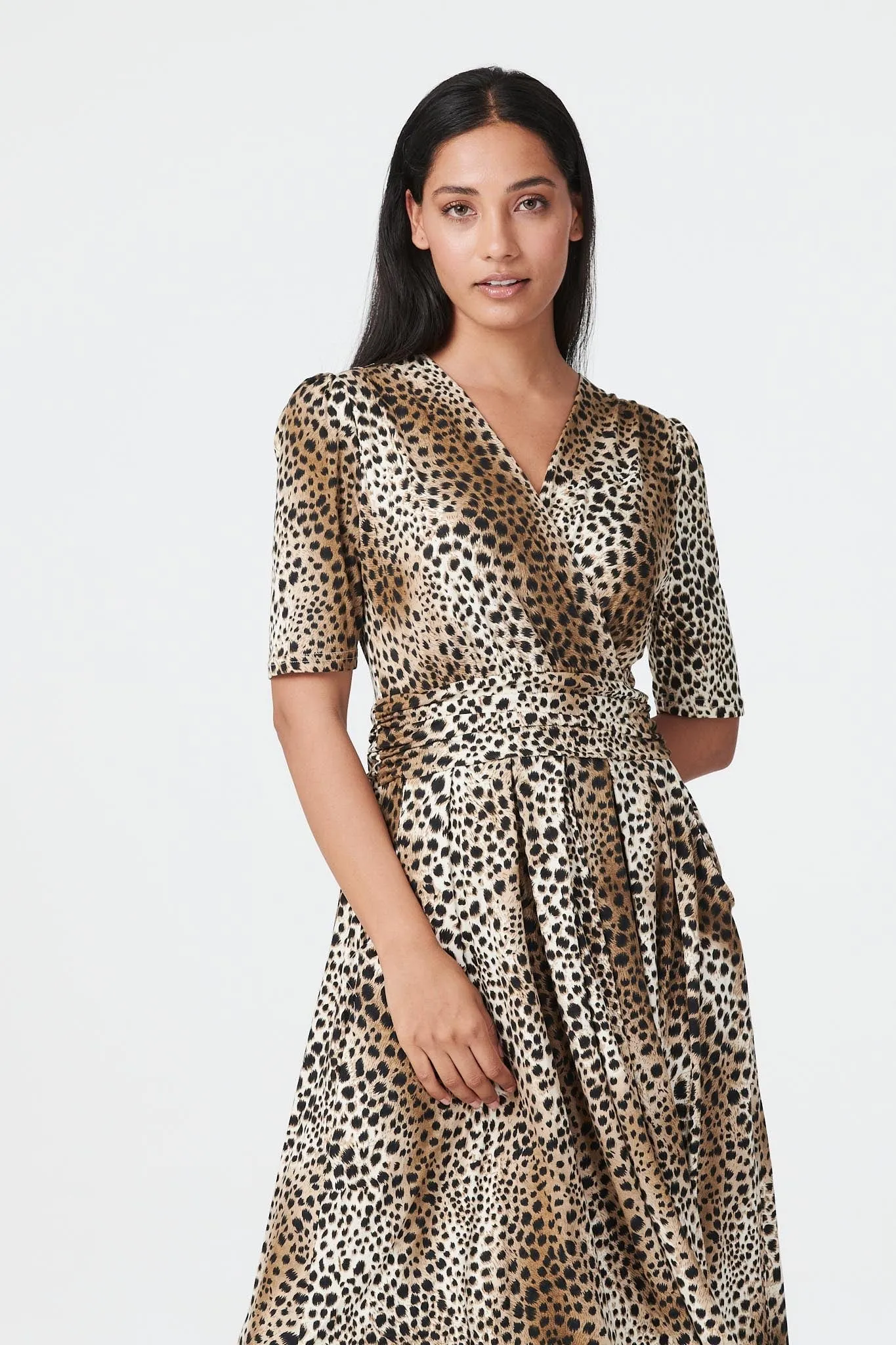 Animal Print Ruched Midi Dress