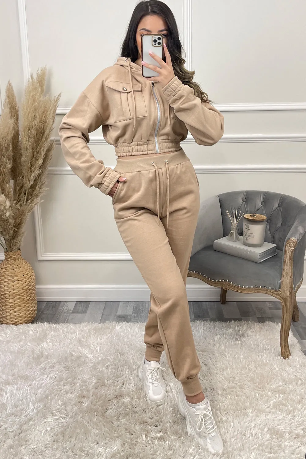 Annabell Beige Pocket Cropped Hoodie and Joggers Tracksuit Set