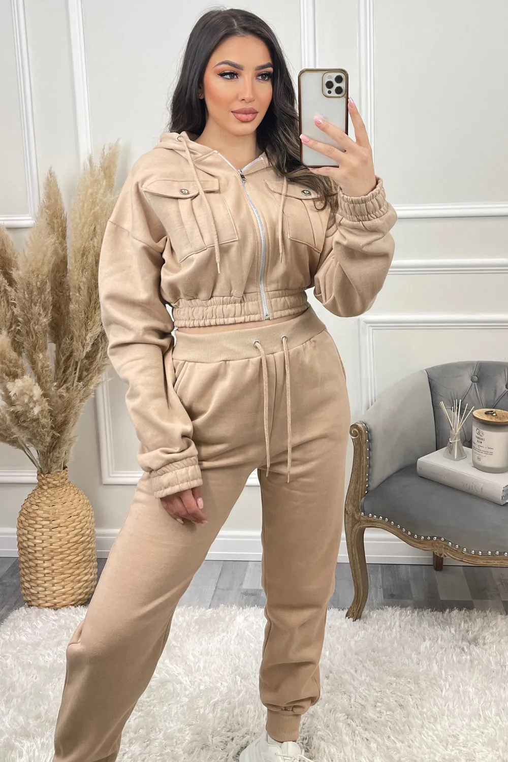 Annabell Beige Pocket Cropped Hoodie and Joggers Tracksuit Set