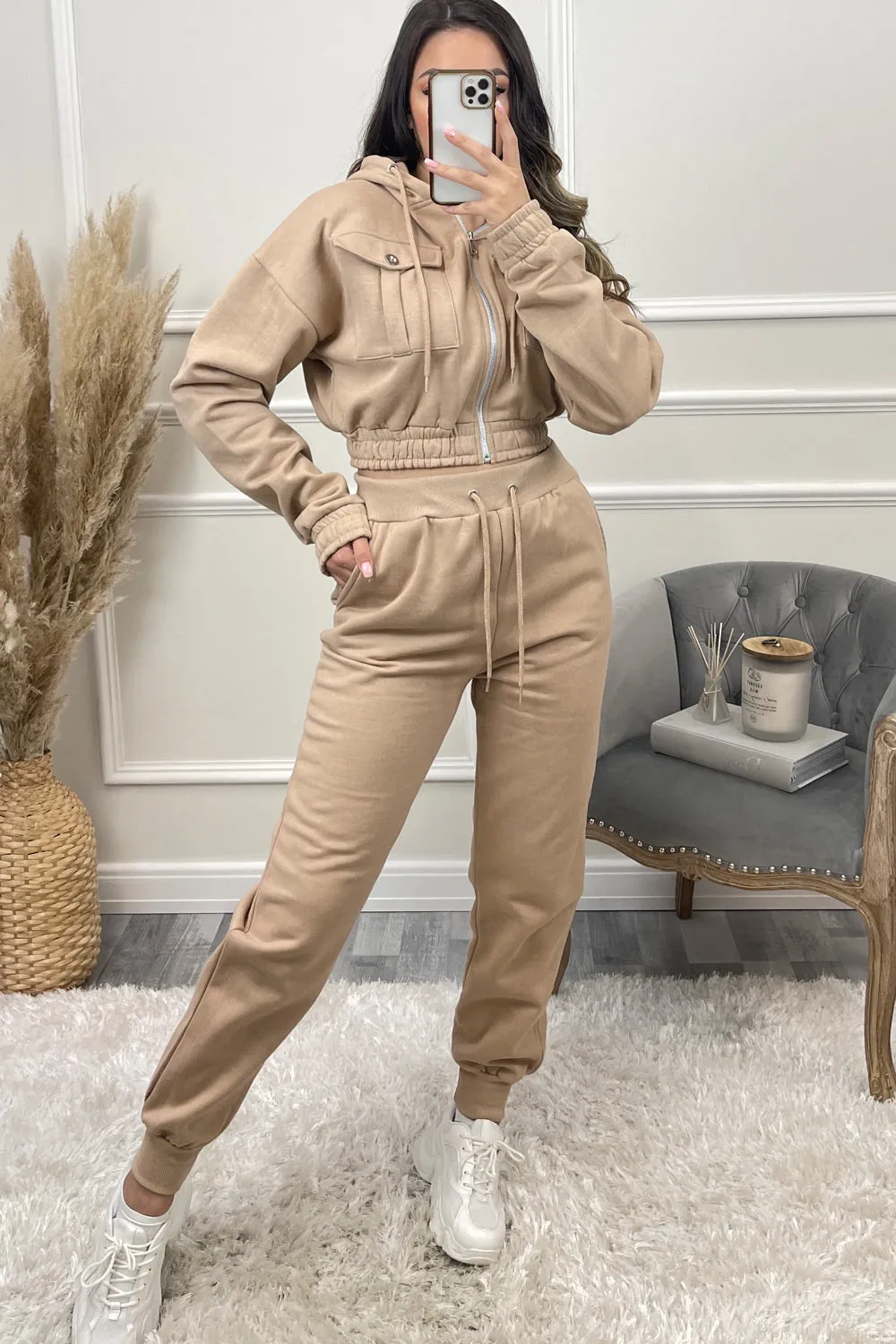 Annabell Beige Pocket Cropped Hoodie and Joggers Tracksuit Set