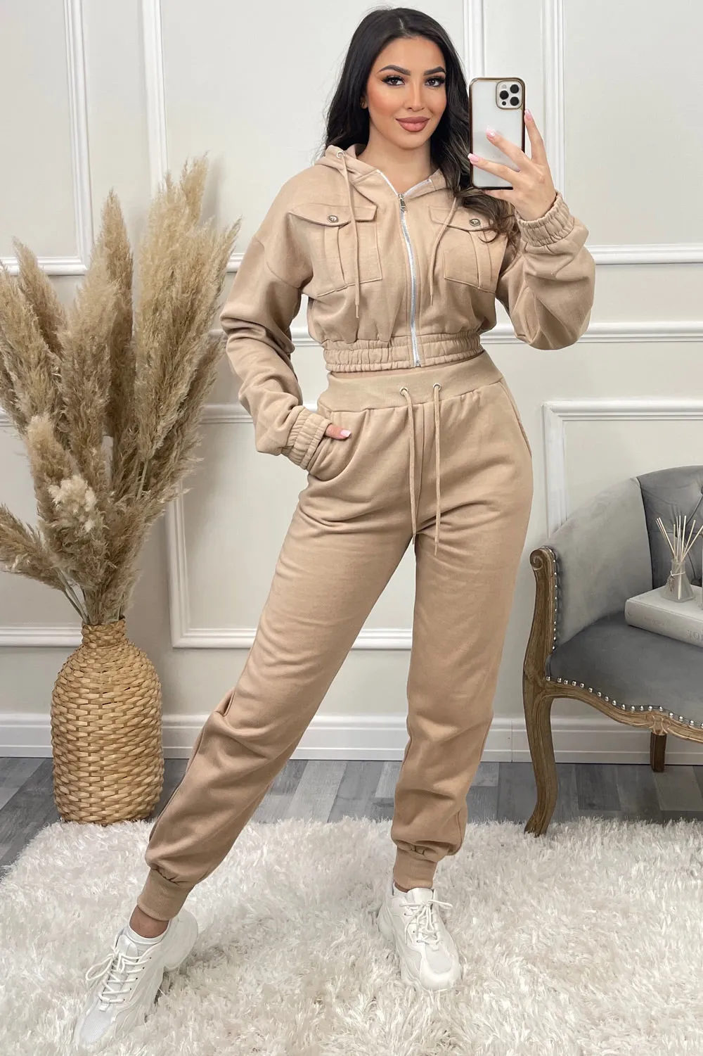 Annabell Beige Pocket Cropped Hoodie and Joggers Tracksuit Set