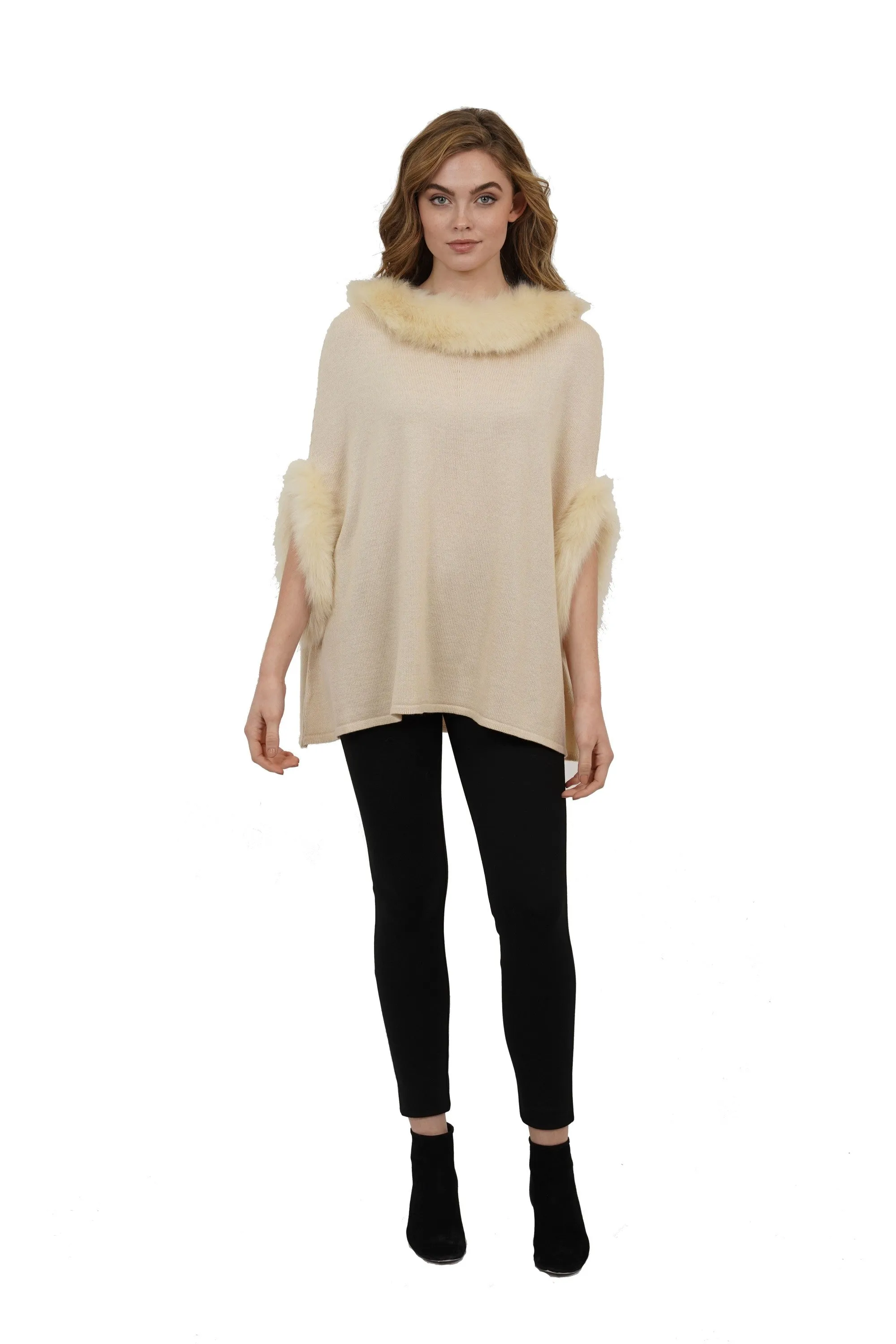 Aries Faux Fur Collar Pullover Poncho w/ Sleeves