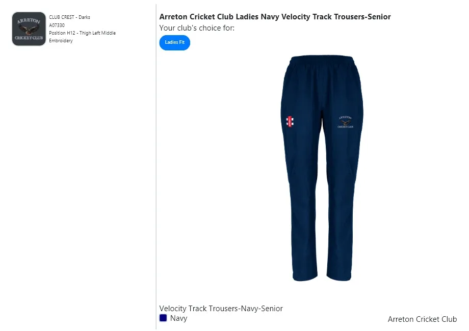 Arreton Cricket Club Ladies Navy Velocity Track Trousers-Senior