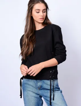 Arrow Cropped Sweatshirt with Lace Up Eyelets in Jet Black - Amara Reya