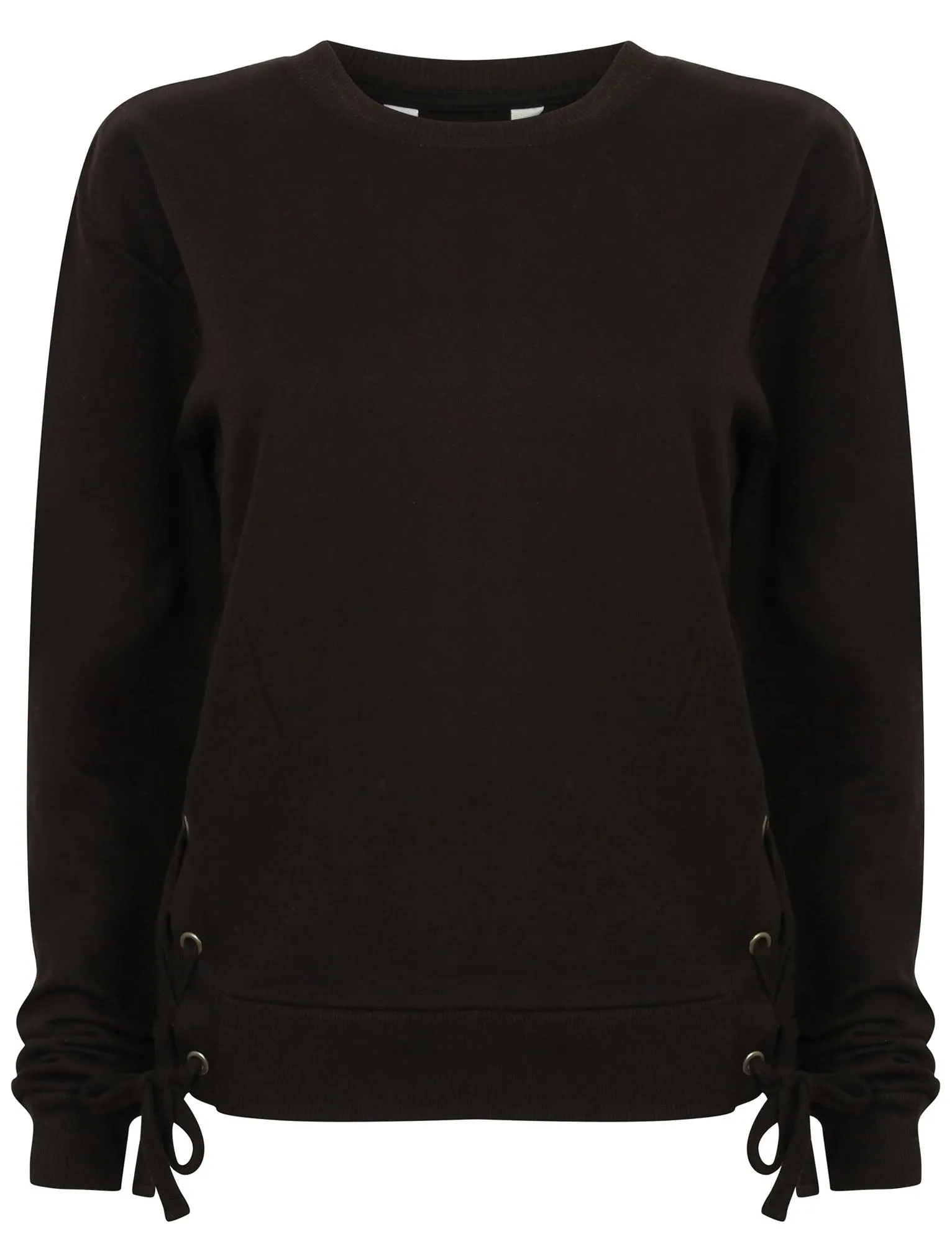 Arrow Cropped Sweatshirt with Lace Up Eyelets in Jet Black - Amara Reya