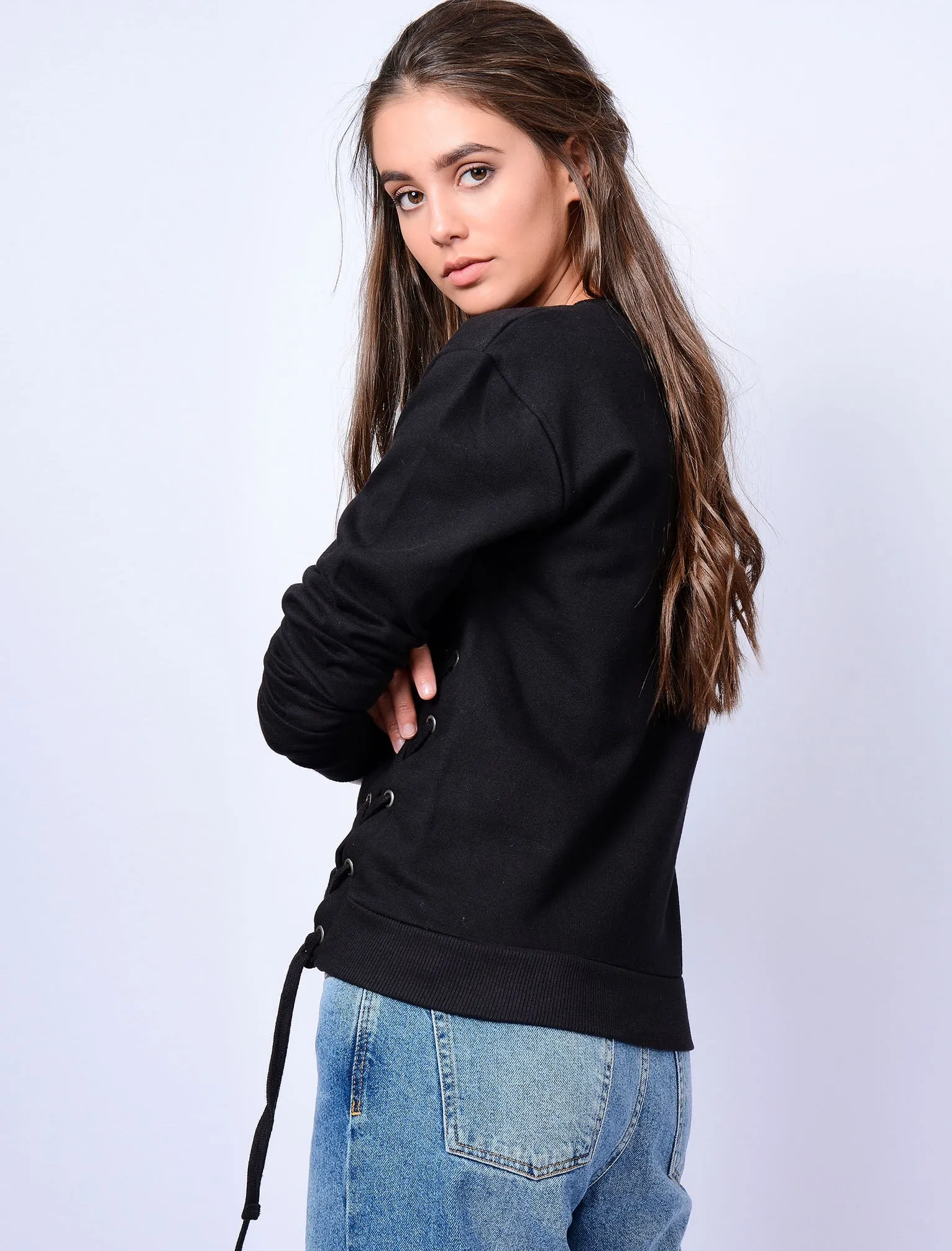 Arrow Cropped Sweatshirt with Lace Up Eyelets in Jet Black - Amara Reya