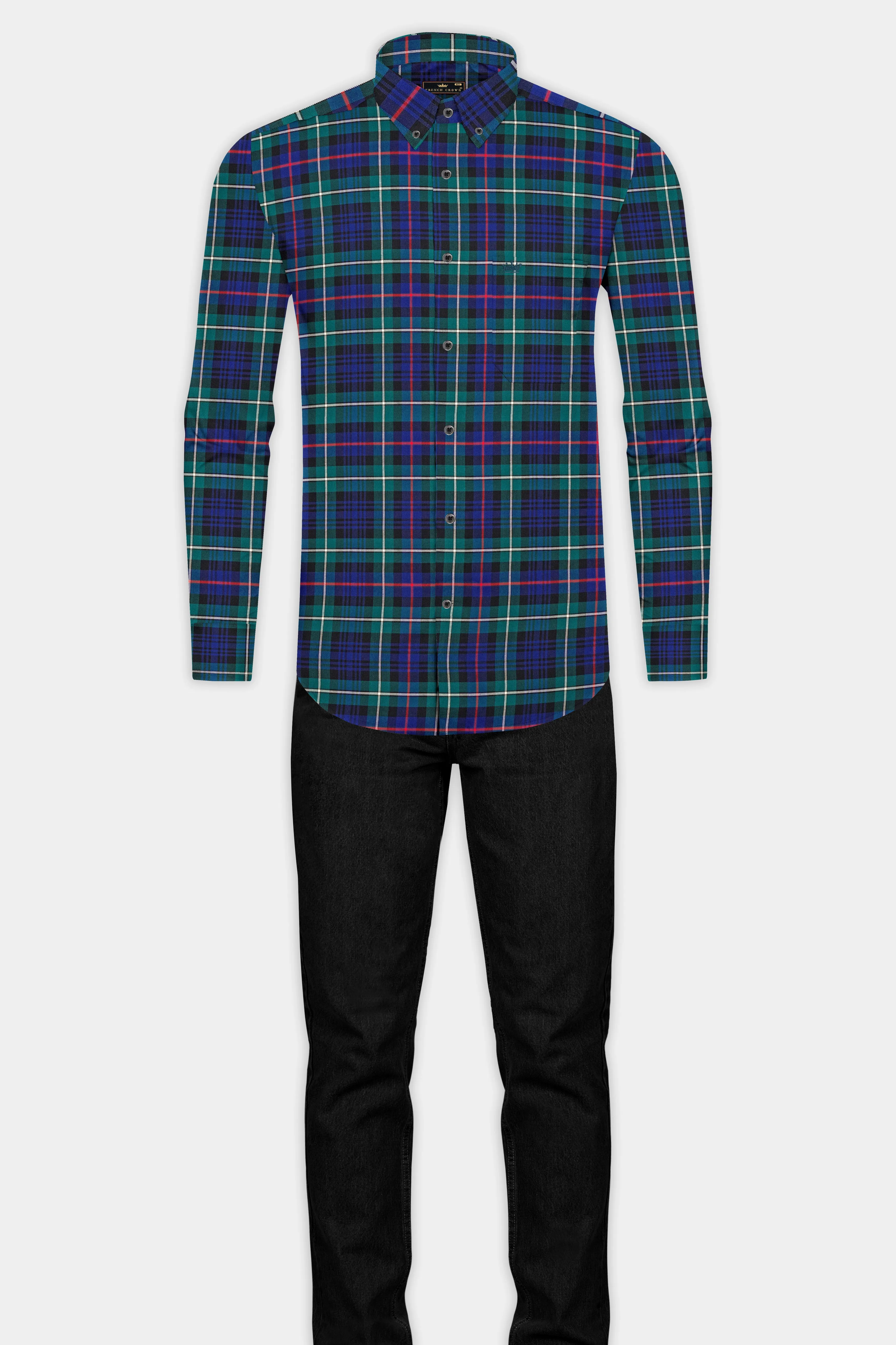 Astronaut Blue with Dark Aqua Green Twill Plaid Premium Cotton Shirt