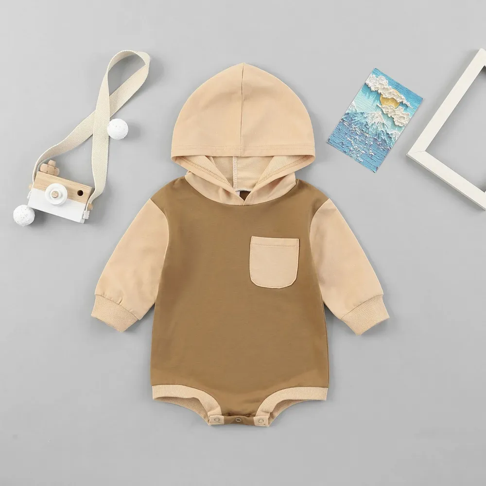 Autumn Toddler Colorblock Hooded Romper Baby Clothes Wholesale