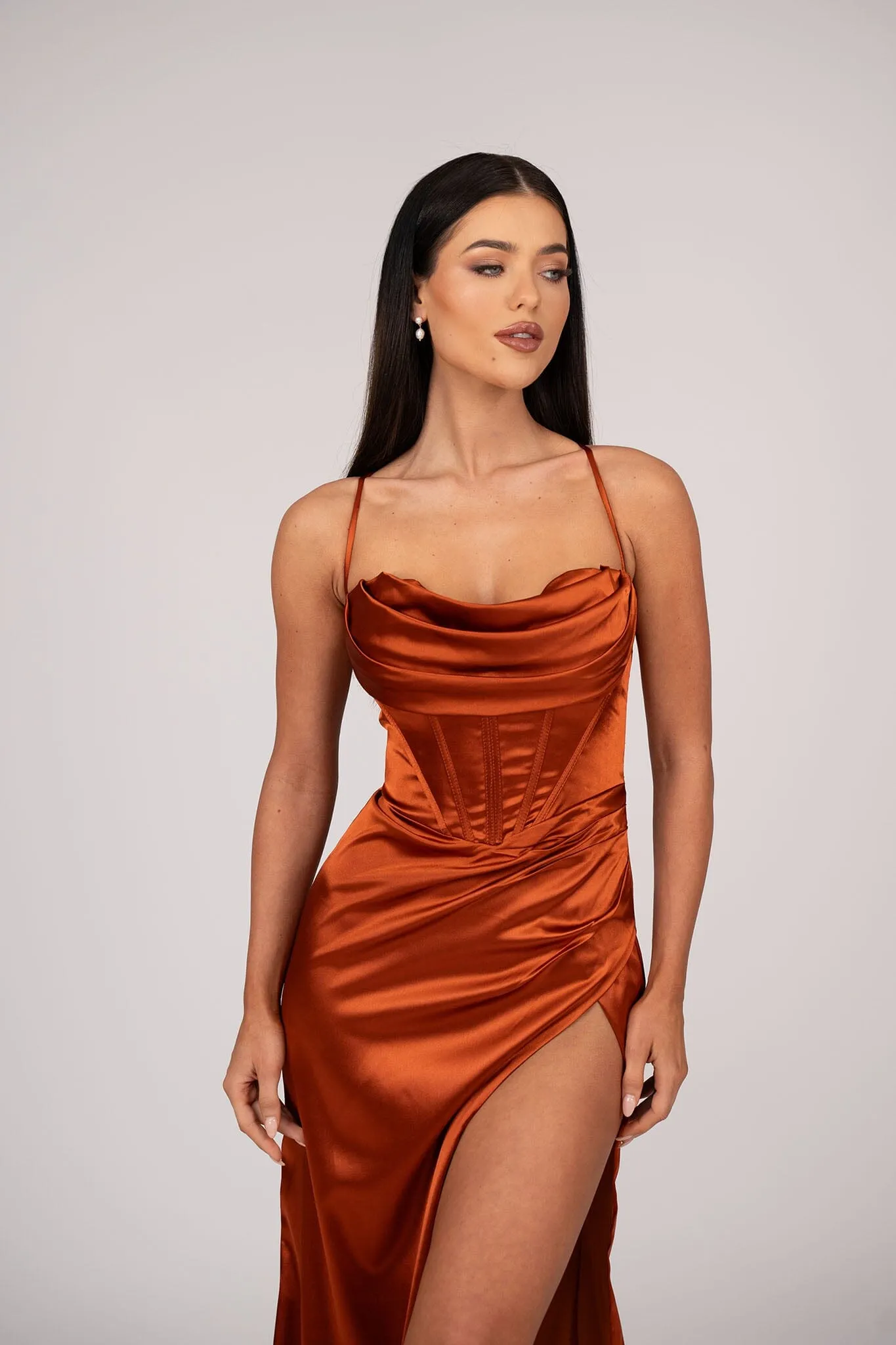 AYANA Corset Satin Gown - Burnt Orange