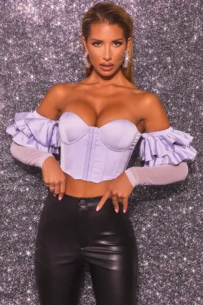 Bardot Long Ruffle Sleeve Corset Crop Top in Lilac