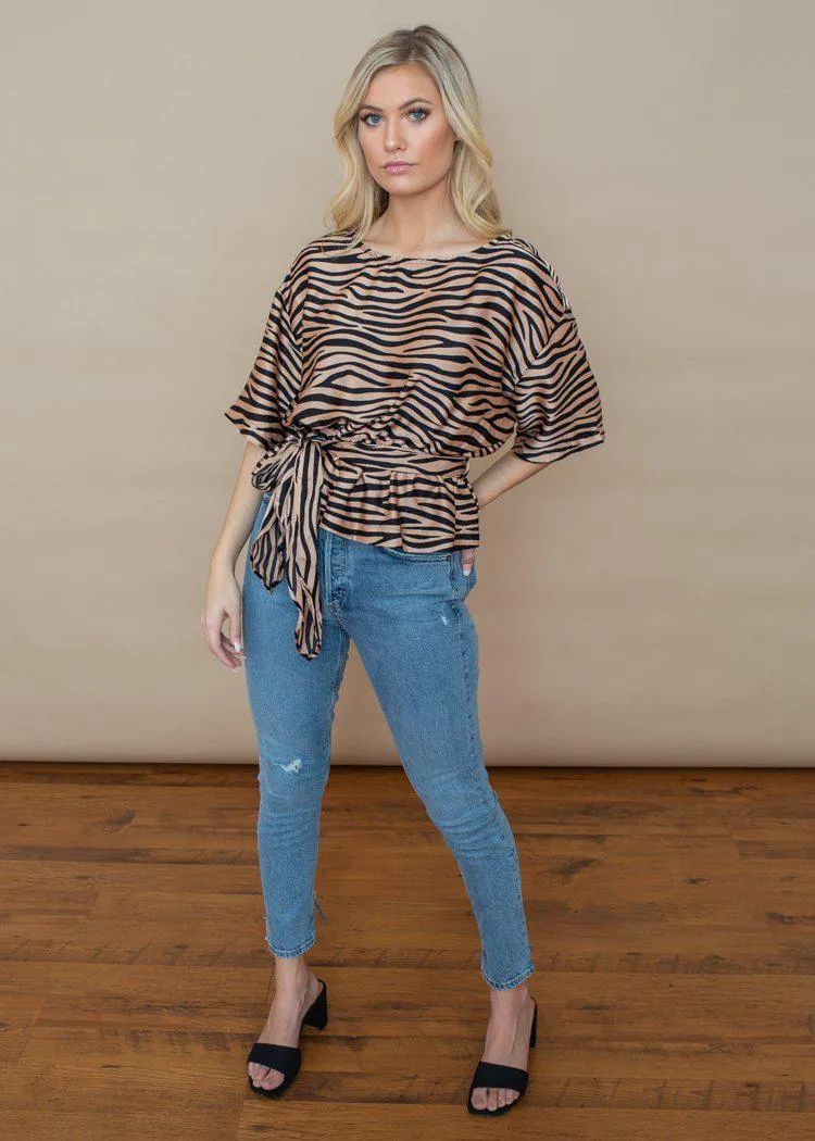 BB Dakota Wild Thing Zebra Print Satin Top - Light Camel ***FINAL SALE***