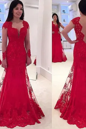 Beautiful Red Mermaid Lace Long Sleeves V Neck Wedding Dresses, SW700