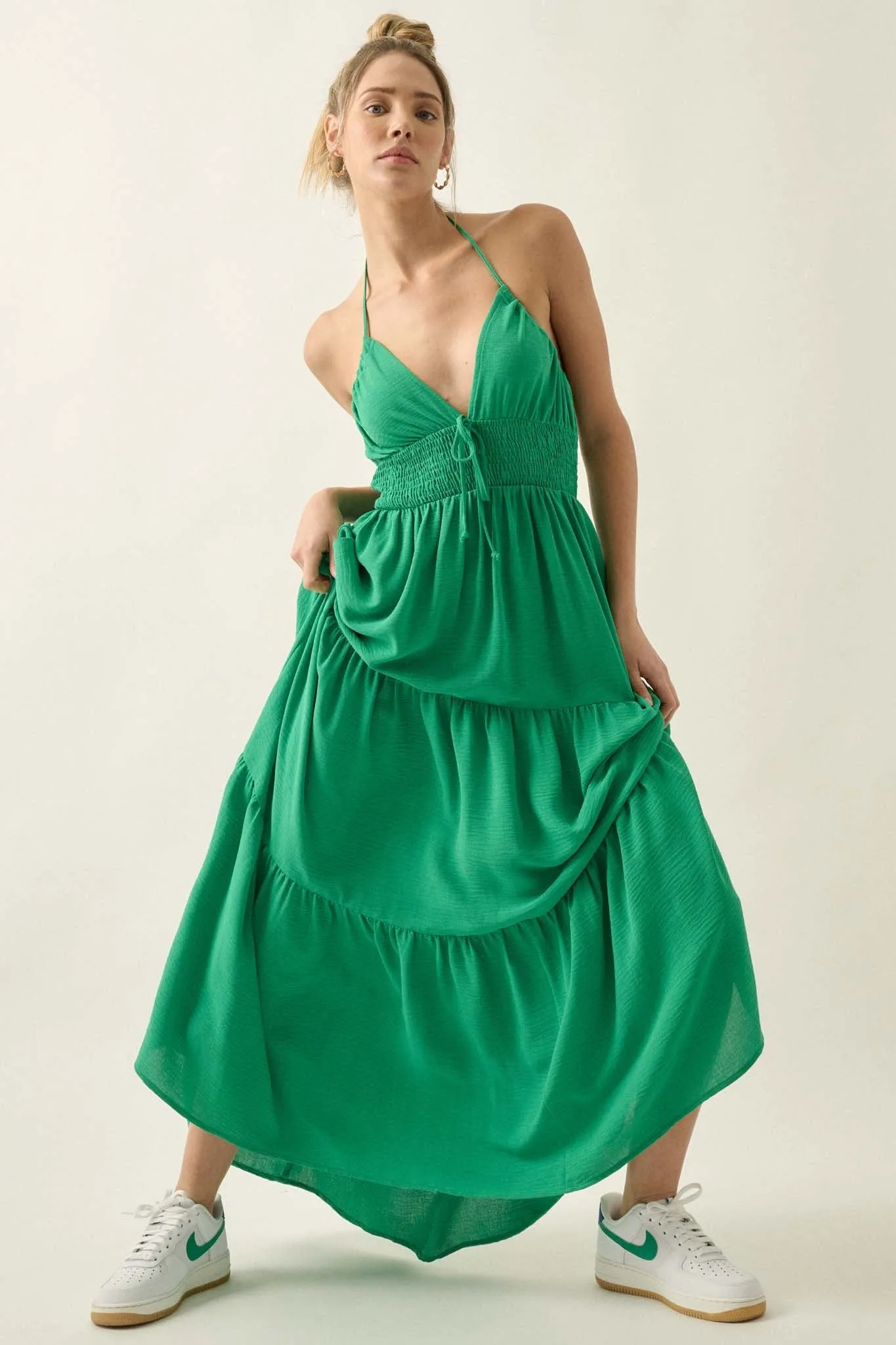 Beautiful You Tiered Crepe Halter Maxi Dress