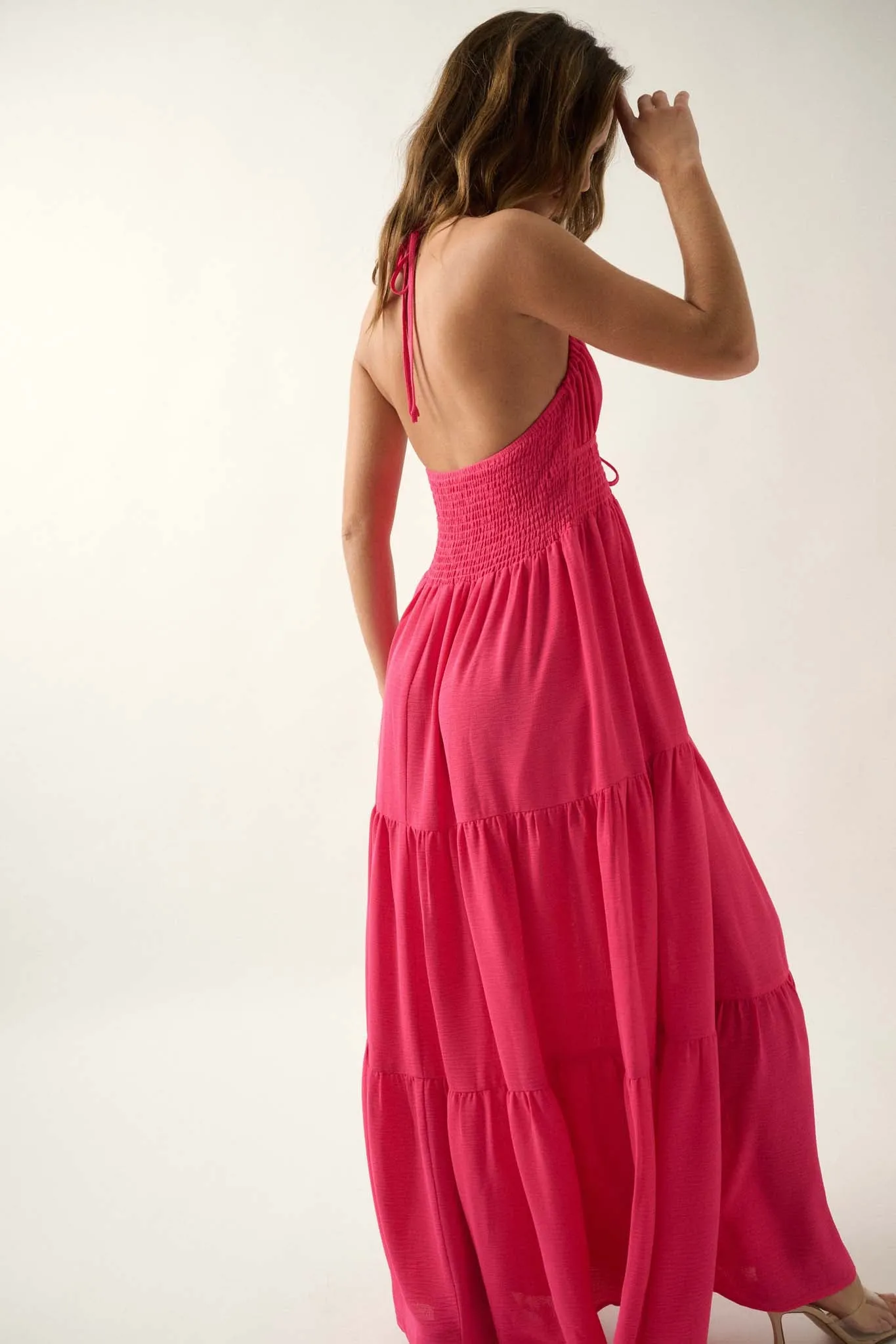 Beautiful You Tiered Crepe Halter Maxi Dress