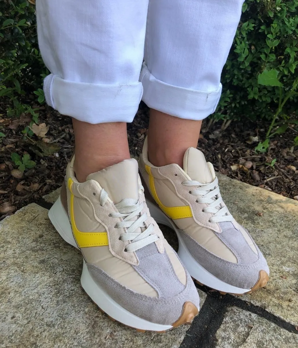 Beige & Yellow Trim Trainers