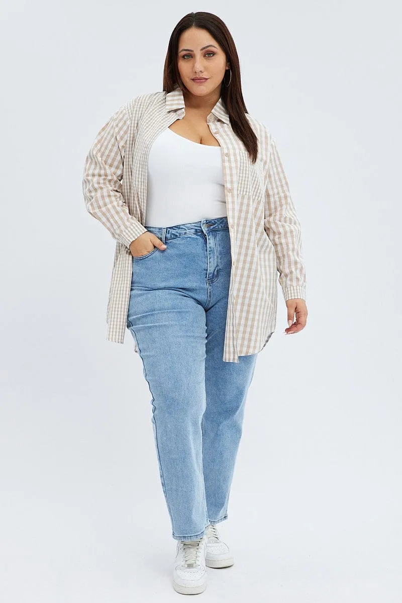 Beige Check Relaxed Shirt Long Sleeve Mixed Check