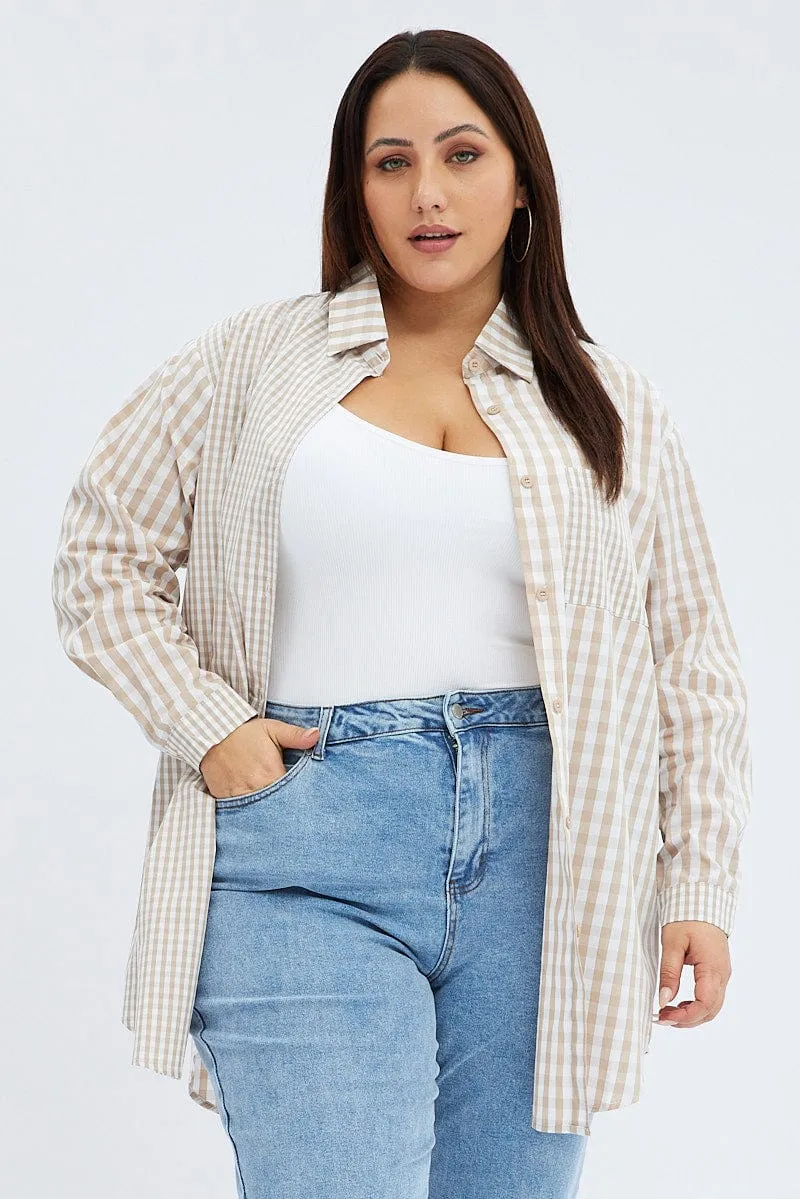 Beige Check Relaxed Shirt Long Sleeve Mixed Check