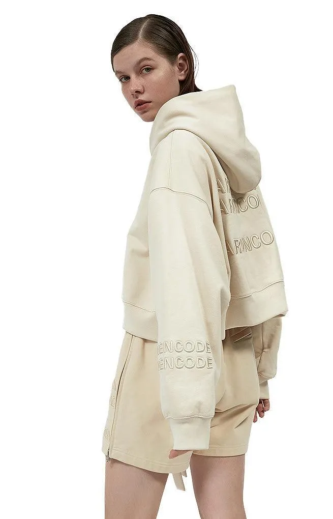 Beige Embroidery Zipper Short Hoodie