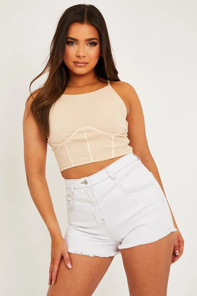 Beige Ribbed Corset Racer Crop Top - Frida