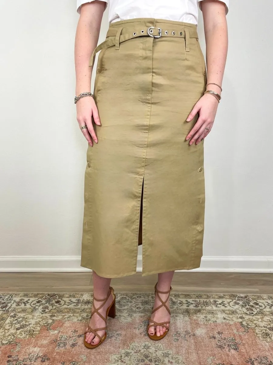 Belted Utility Skirt w/Side Button Placket in Khaki